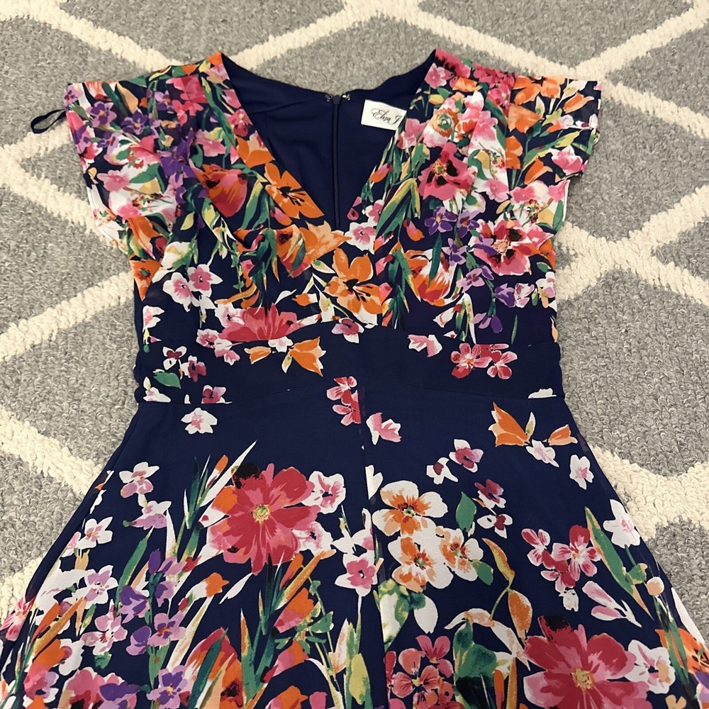 Eliza J Floral Flutter Sleeve Dress Midi Fit & Flare Ruffle Lined Sz 2 - Picture 3 of 11